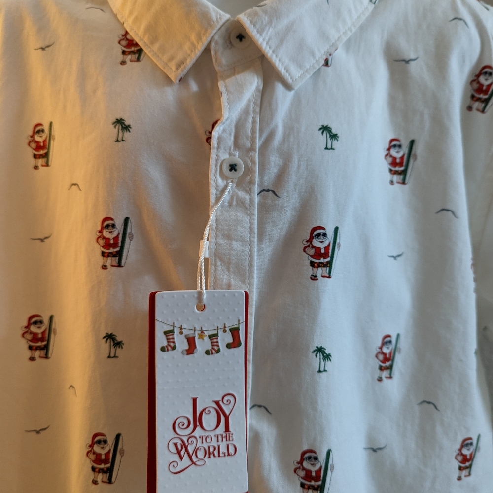NWT Cactus Boys Size 13/14 White Buttoned Casual Shirt Santa Surfboard Christmas
